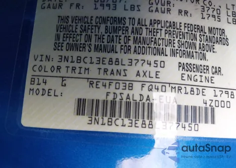 2008 Nissan Versa 1.8S z USA, uszkodzony, nr VIN 3N1BC13E88L377450